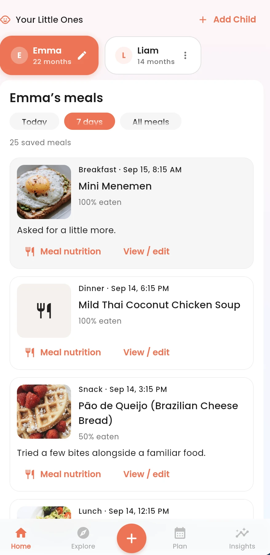 ToddlerBites meal diary showing multiple logged meals and photos