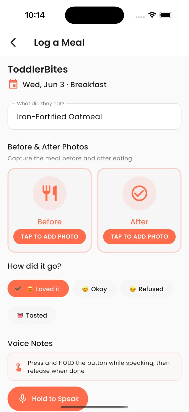 Logging a meal in the ToddlerBites app