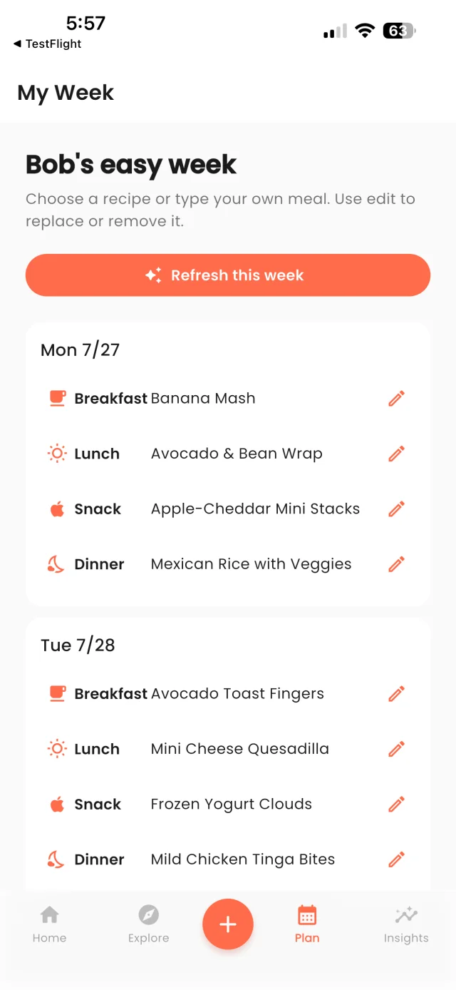 The ToddlerBites weekly meal plan screen