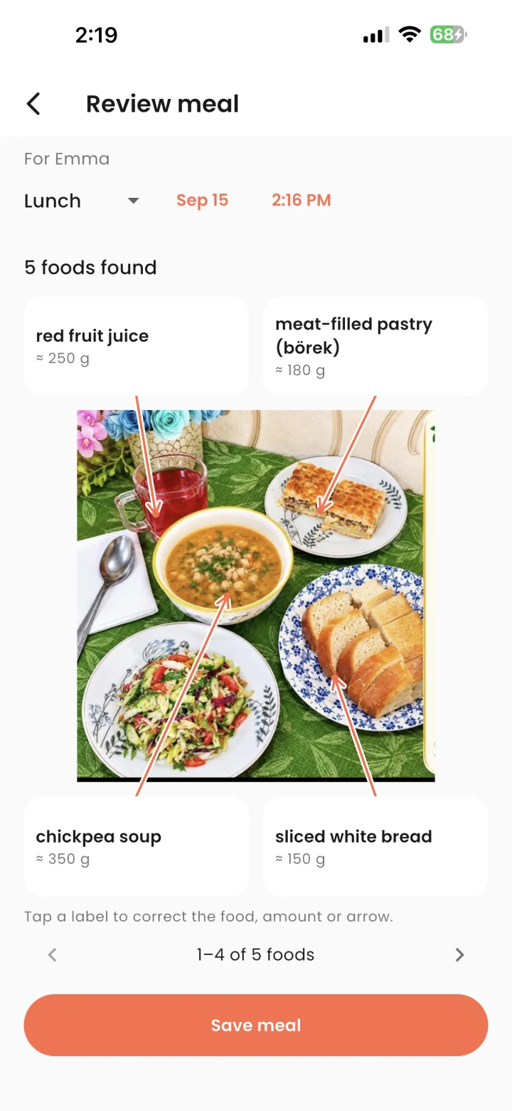 Photo scan results with food labels and arrows pointing to the meal