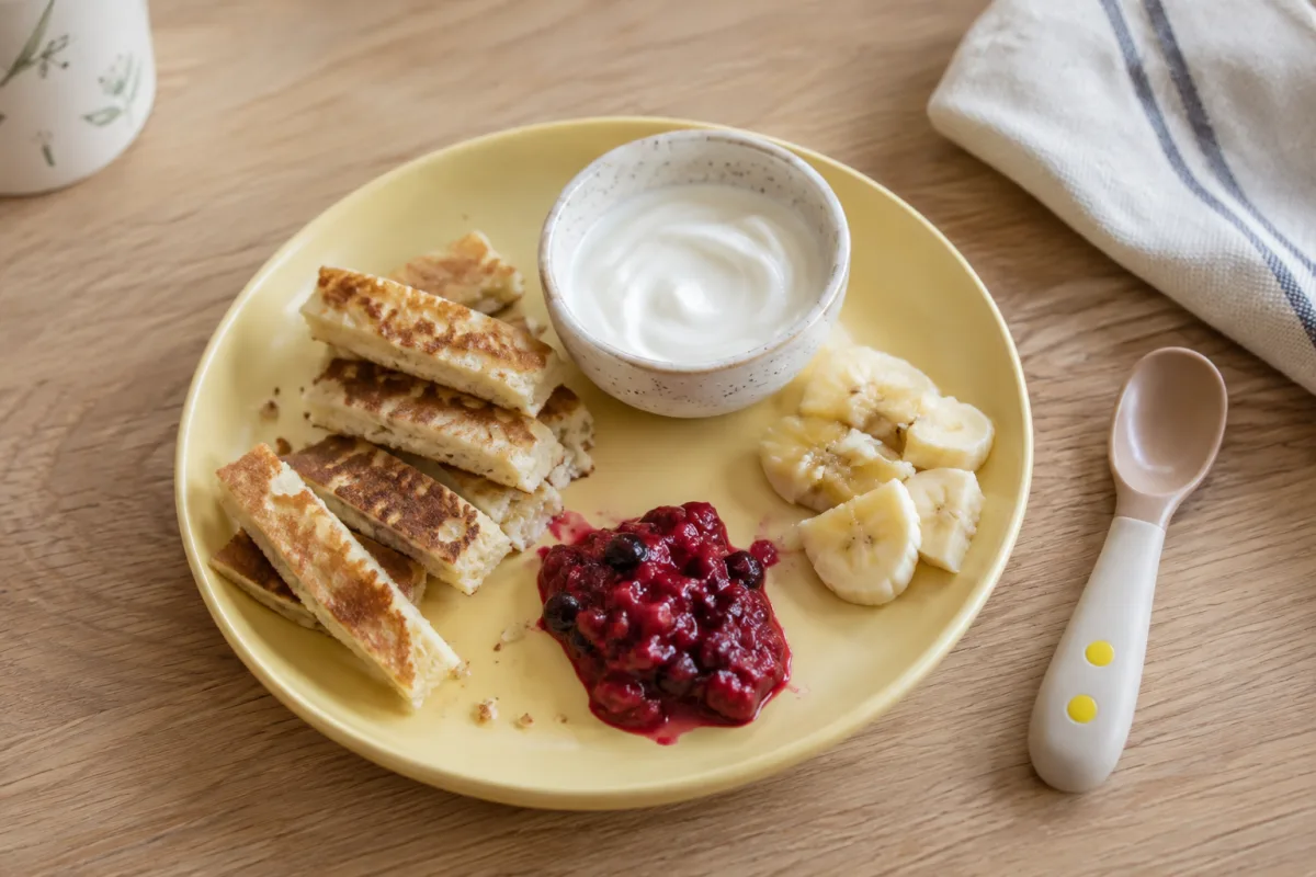 A simple breakfast with pancake strips, yogurt, soft fruit, and a child-sized spoon