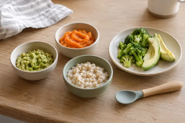 Small bowls of mashed avocado, sweet potato, and oatmeal with soft finger foods