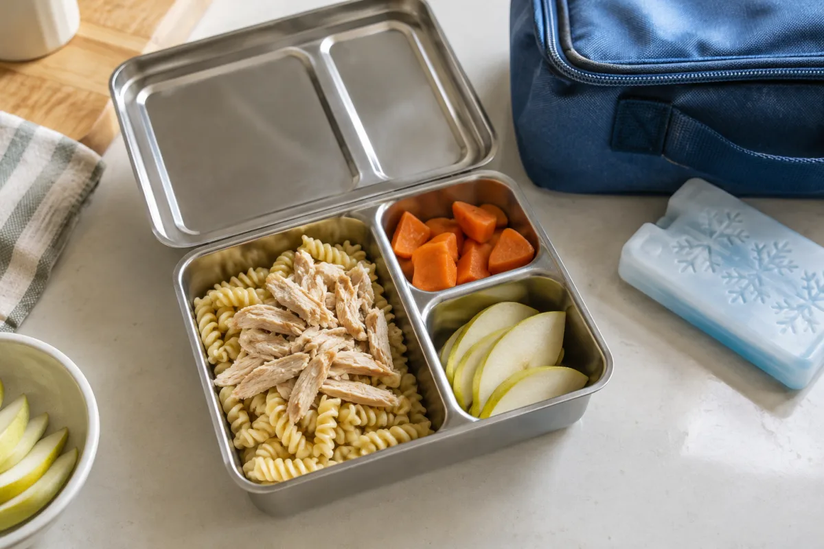 A divided lunchbox with pasta, chicken, vegetables, and pear beside a lunch bag