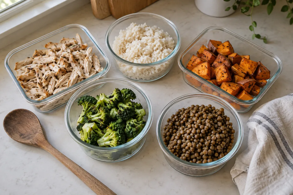 Separate containers of cooked chicken, rice, lentils, and soft vegetables on a kitchen counter