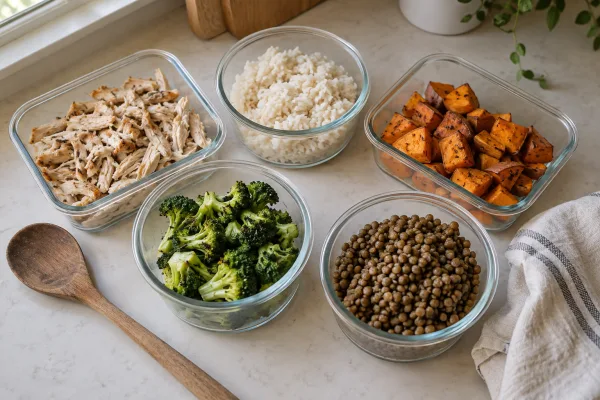 Separate containers of cooked chicken, rice, lentils, and soft vegetables on a kitchen counter