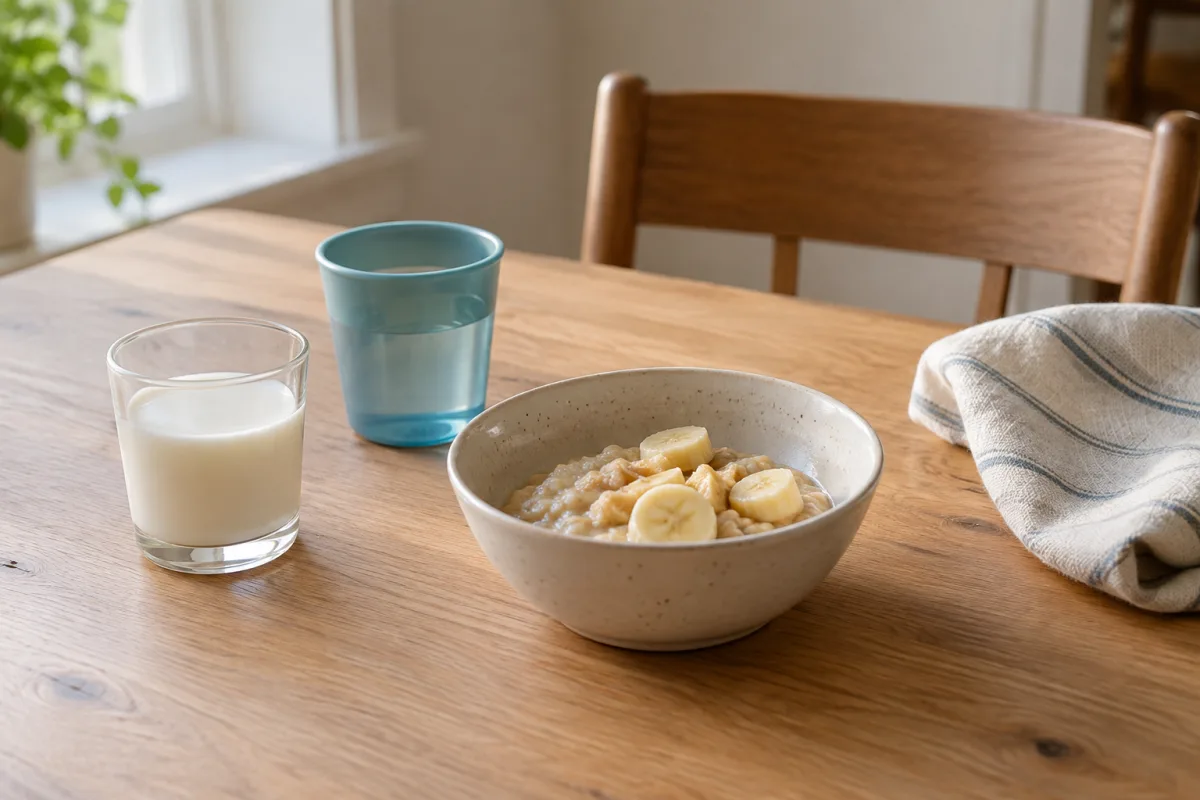 Milk and water beside a bowl of oatmeal with banana on a breakfast table