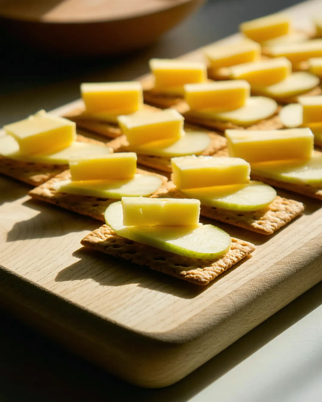 Thin apple slices with small squares of cheese on whole grain crackers