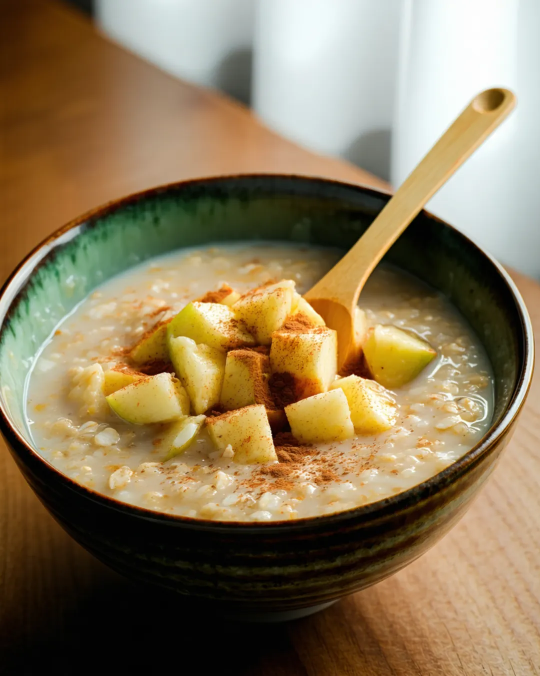 A bowl of creamy oatmeal topped with soft diced apple and cinnamon