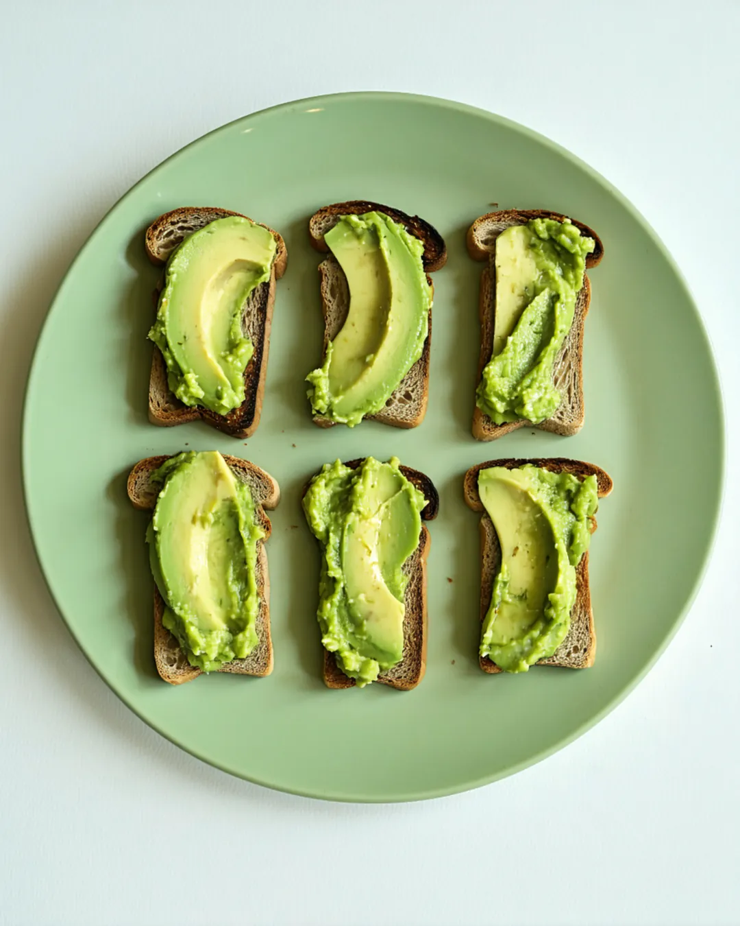 Toast fingers spread with mashed avocado on a green toddler plate