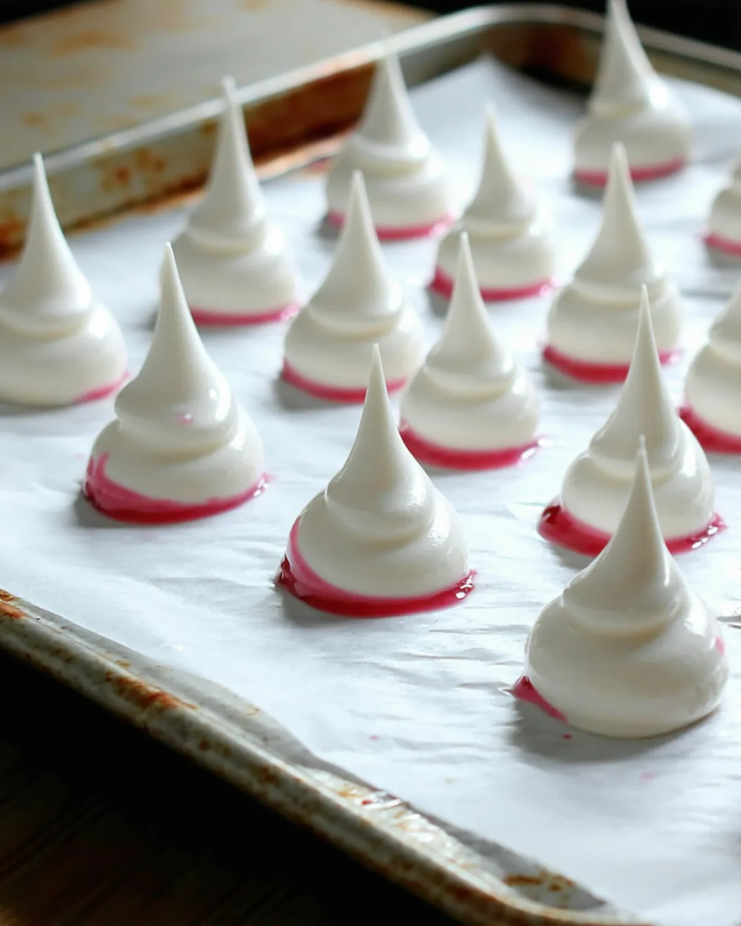 Frozen yogurt drops on parchment, some swirled with strawberry