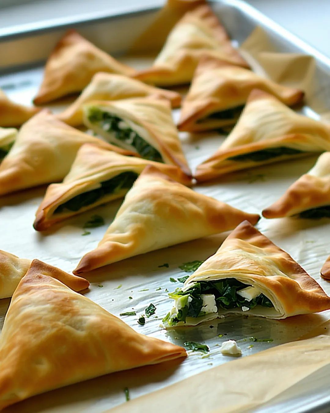 Small golden spinach and feta phyllo triangles on a baking tray