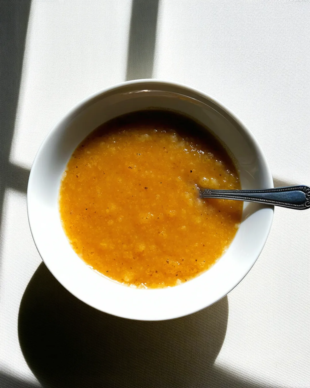 A white bowl of smooth orange pumpkin oat porridge with a baby spoon