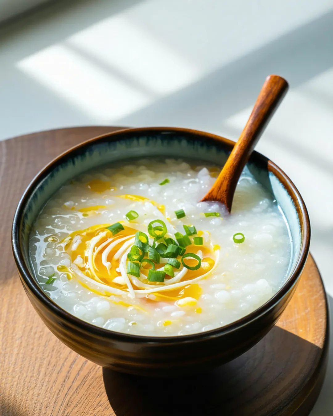 A bowl of creamy Japanese rice porridge with soft egg ribbons and green onion