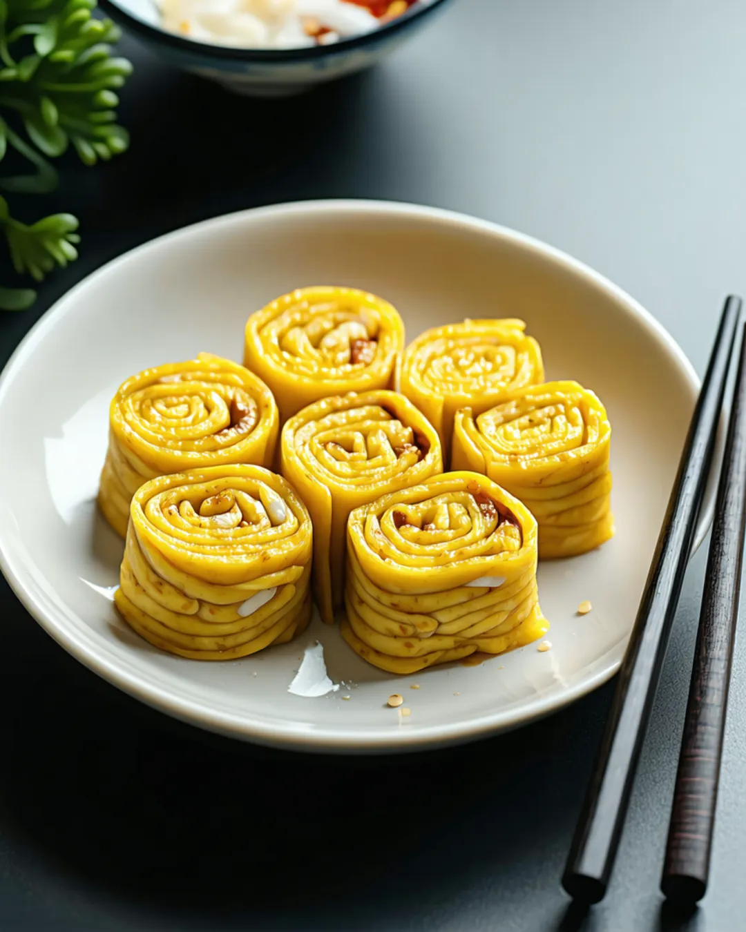 Rolled Japanese omelette cut into small rounds showing the spiral layers