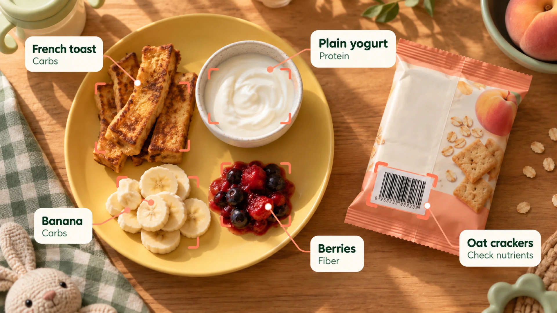 Meal scanning example: French toast, yogurt, banana and berries labeled with nutrients, alongside oat crackers and a barcode scan.